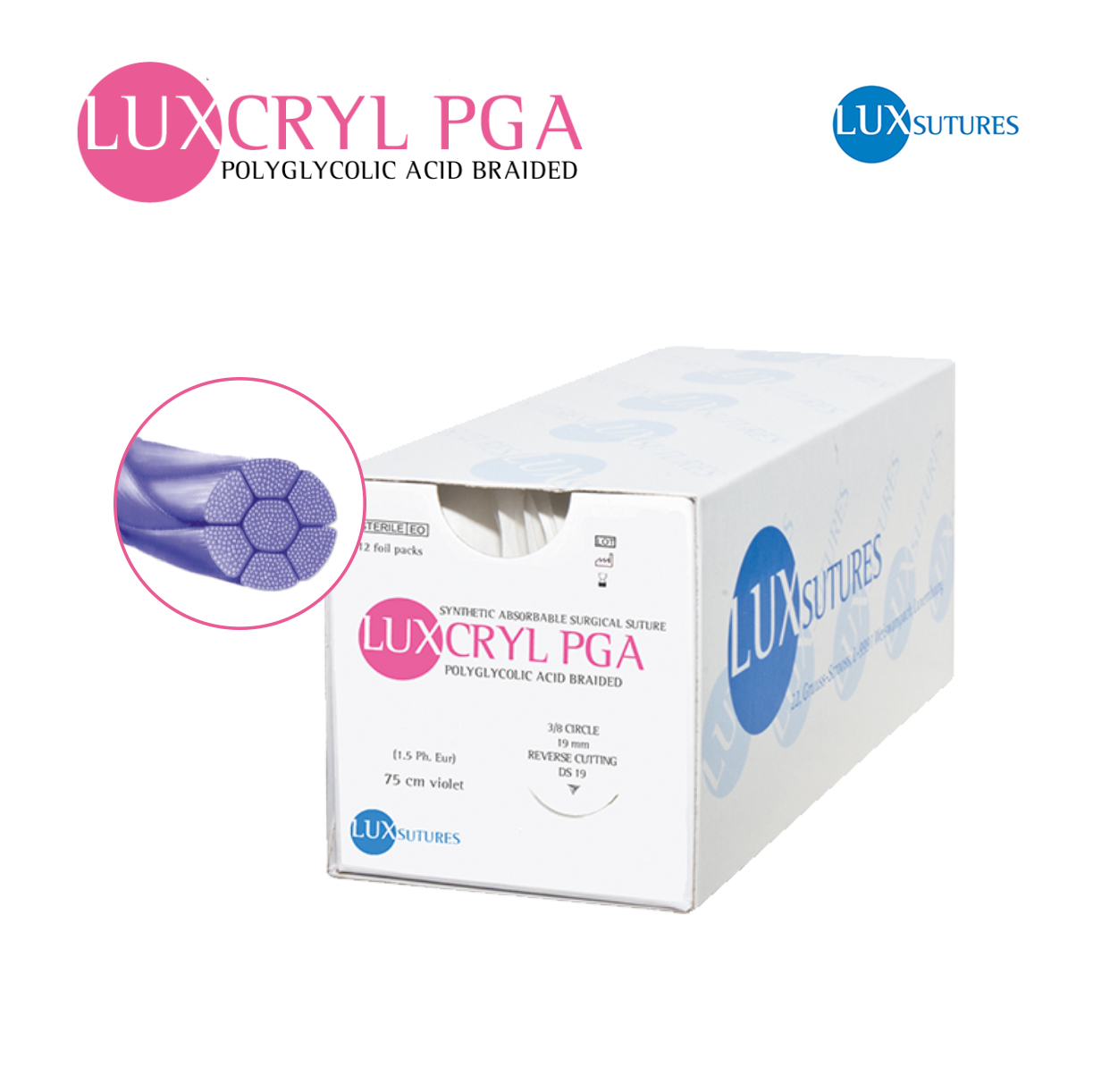 LUXCRYL PGAKirurški konci i skalpeli-Resorptivni konciPOLYGLYCOLIC ACID braided violetIgla: 3/8 Circle - Reverse cuttingDuljina konca: 75 cmBoja: VioletPakiranje sadrži:12 kom